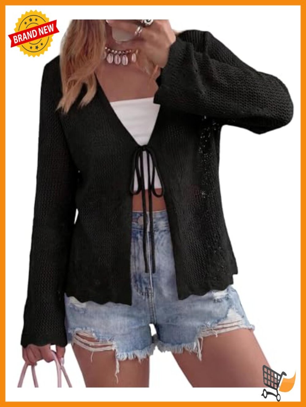 Lightweight Crochet Hollow Out Long Sleeve Tie Front Cardigan
